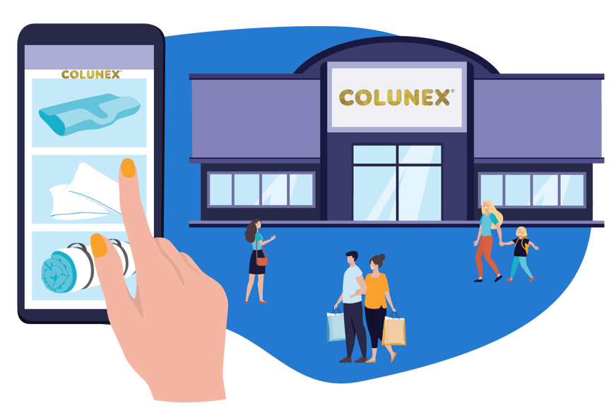 Loja física Colunex com telemóvel aberto no website da loja online Colunex